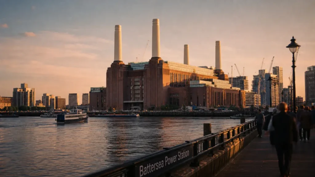 Battersea Power Station Londres vue depuis la Tamise, cheminées blanches et briques rouges à l’aube