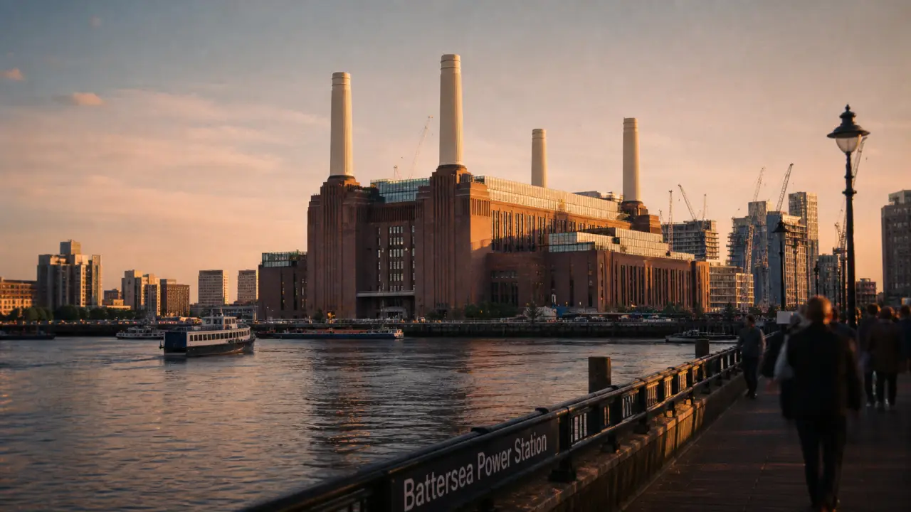 Battersea Power Station Londres vue depuis la Tamise, cheminées blanches et briques rouges à l’aube