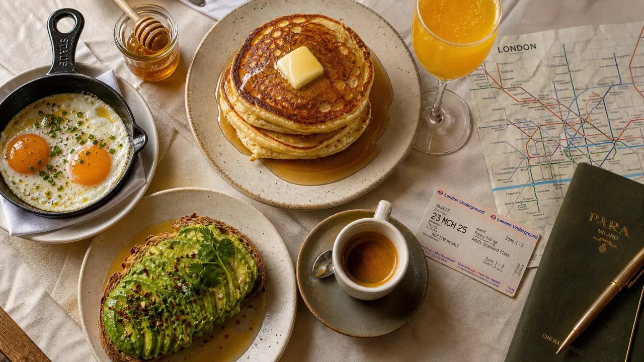 Brunch Londres : pancakes, œufs et mimosa sur une table