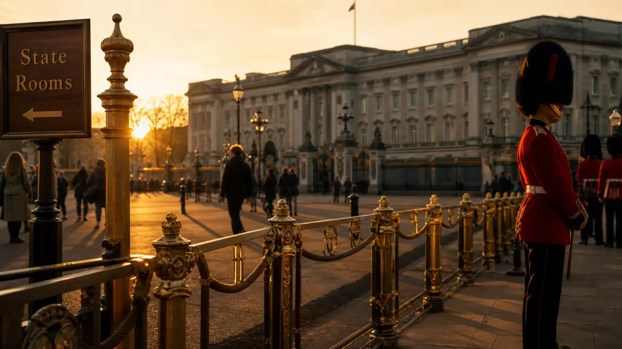 Bukingam palace en été, garde et grilles dorées à la golden hour
