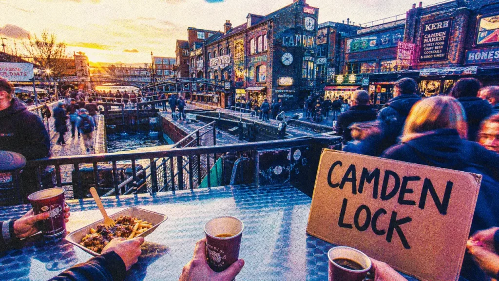 Camden Market à Londres : street food à Camden Lock, canal et enseignes}}