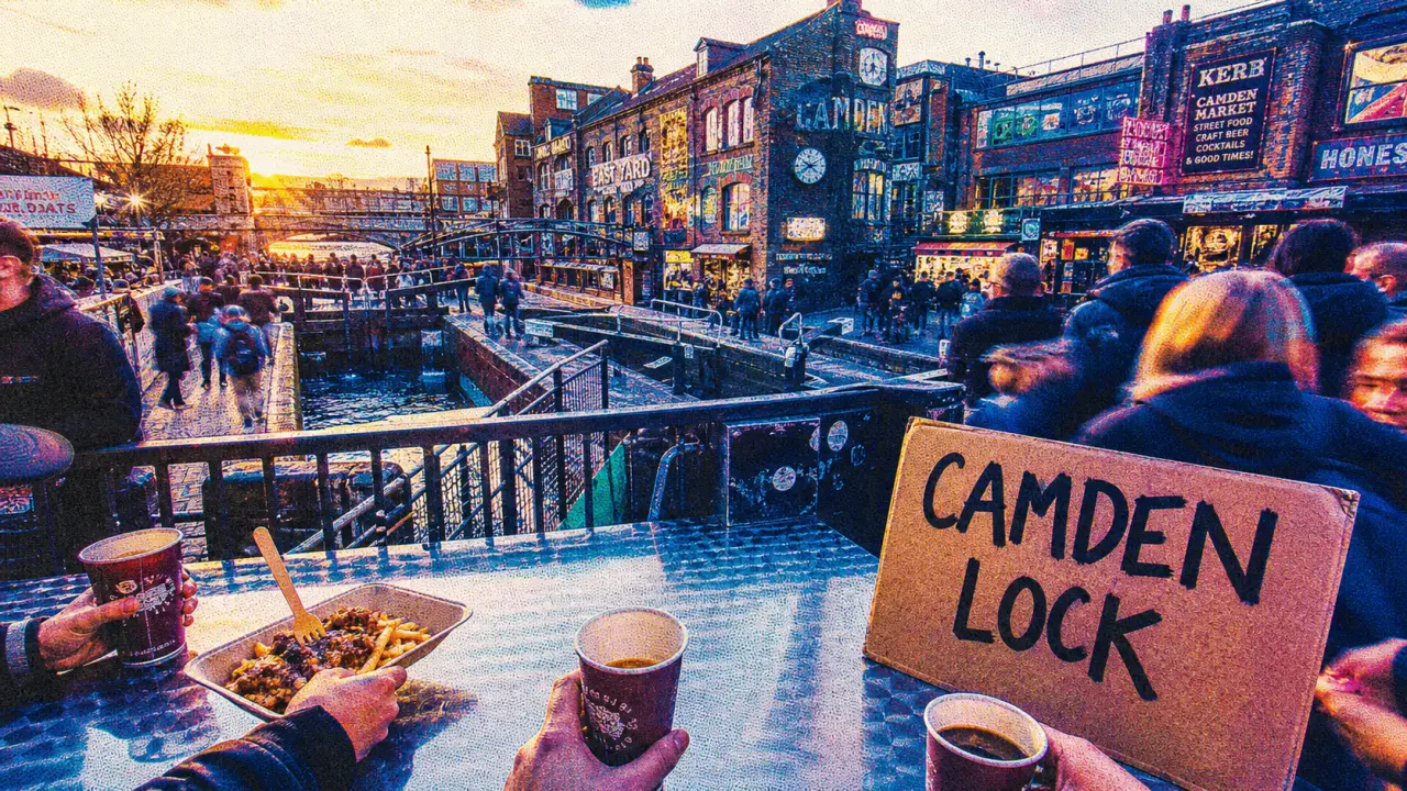 Camden Market à Londres : street food à Camden Lock, canal et enseignes}}