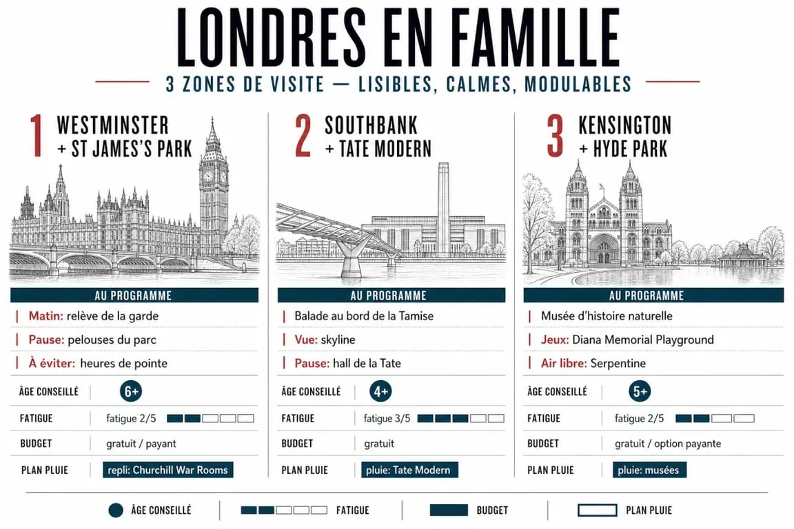 En famille à Londres : synthèse visuelle des quartiers, activités et repères pratiques