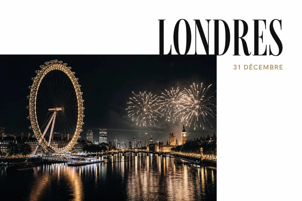 Nouvel an Londres au bord de la Tamise avec le feu d’artifice du London Eye