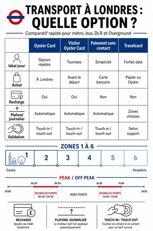 Carte transport londre : comparatif visuel entre Oyster Card, Visitor Oyster Card, sans contact et Travelcard, avec zones et plafonds
