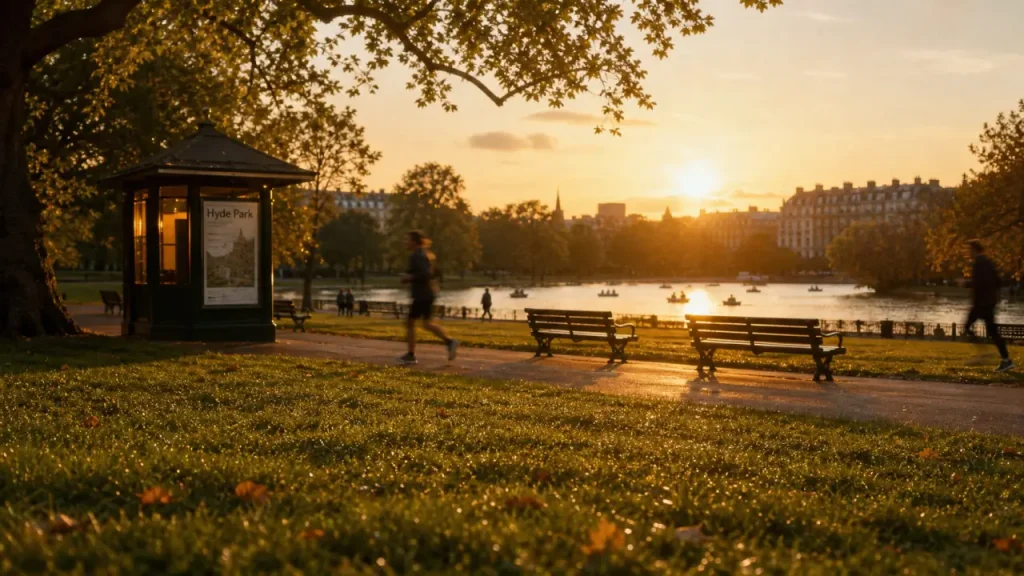 Hyde Park à Londres : pelouses et Serpentine au coucher du soleil