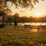 Hyde Park à Londres : pelouses et Serpentine au coucher du soleil