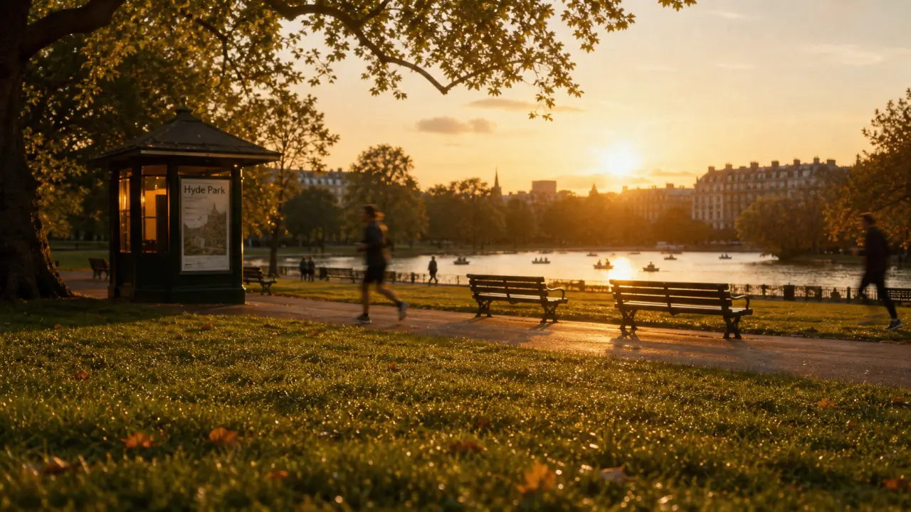 Hyde Park à Londres : pelouses et Serpentine au coucher du soleil