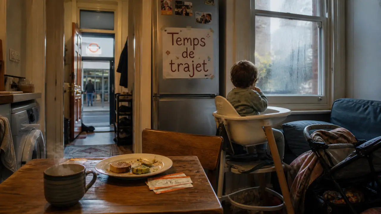 Logement Londres en famille, cuisine et poussette près du métro, matin