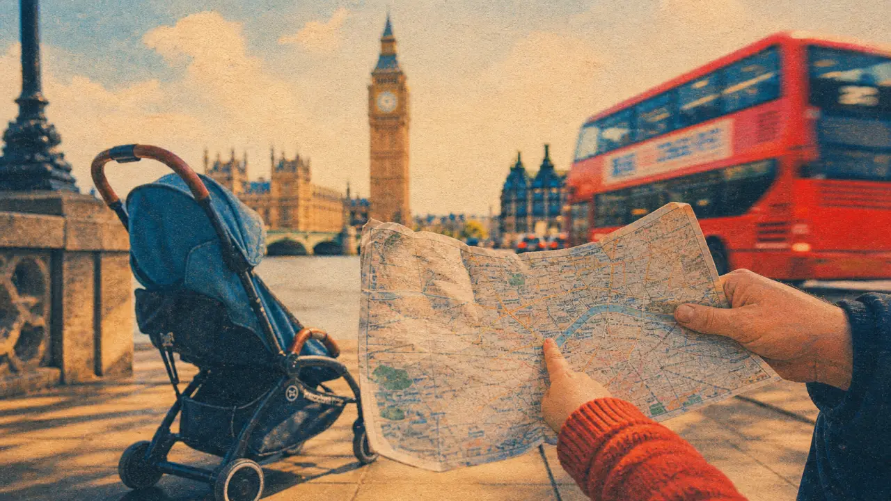 Londres en famille, poussette avec Big Ben en arrière-plan