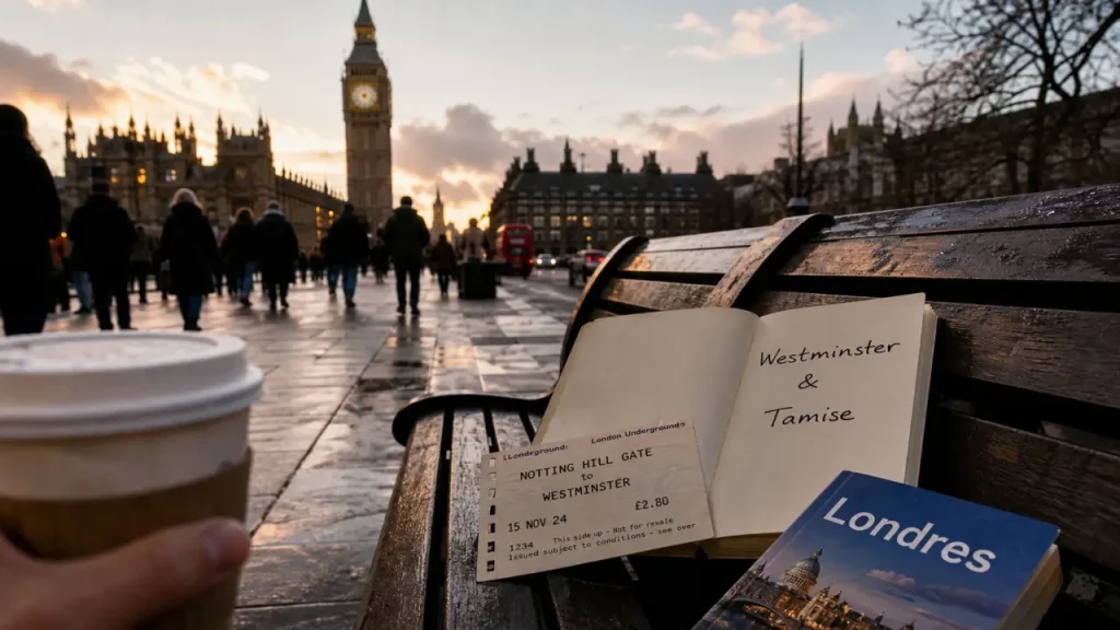 Londres quartiers à visiter : Westminster & Tamise, guide sur banc devant Big Ben