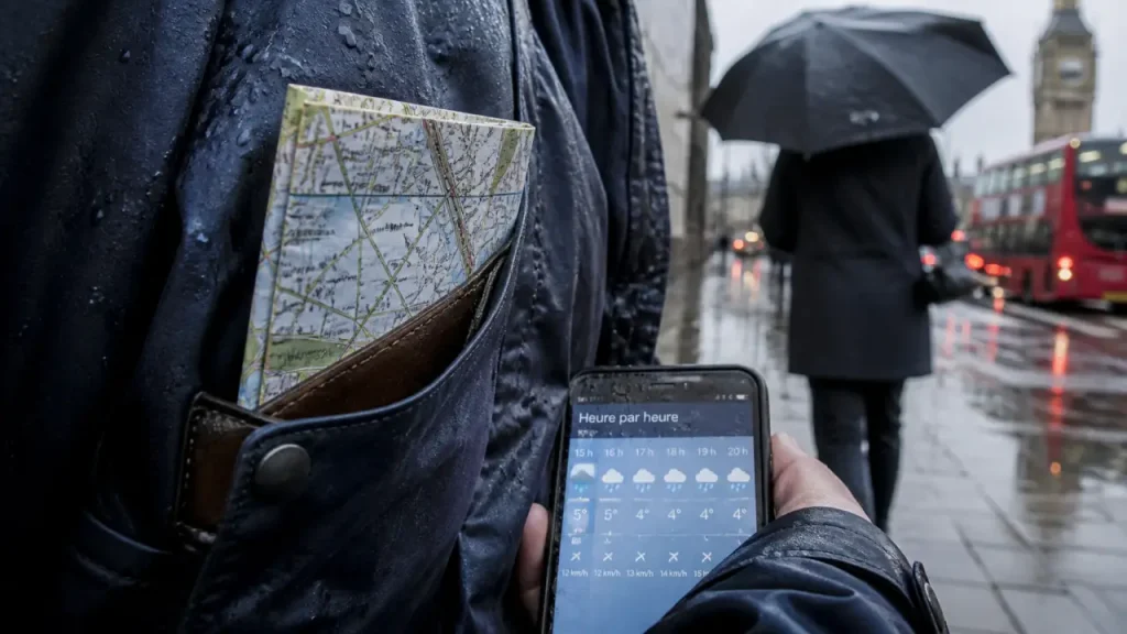 Meteo londres : pluie et vent, ressenti froid sur trottoir humide