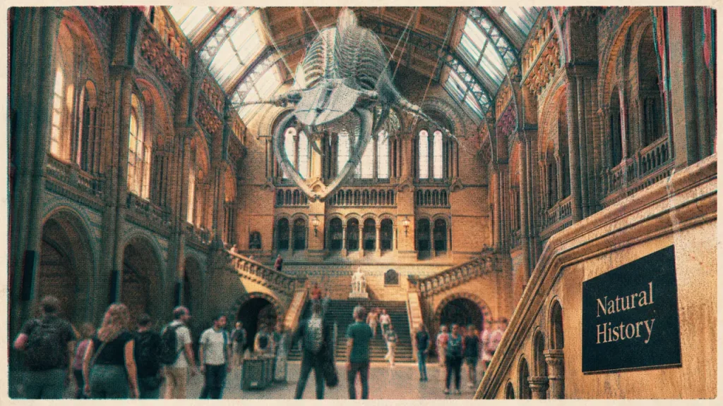 Museum histoire naturelle Londres : hall, arches et squelette de baleine bleue