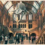 Museum histoire naturelle Londres : hall, arches et squelette de baleine bleue