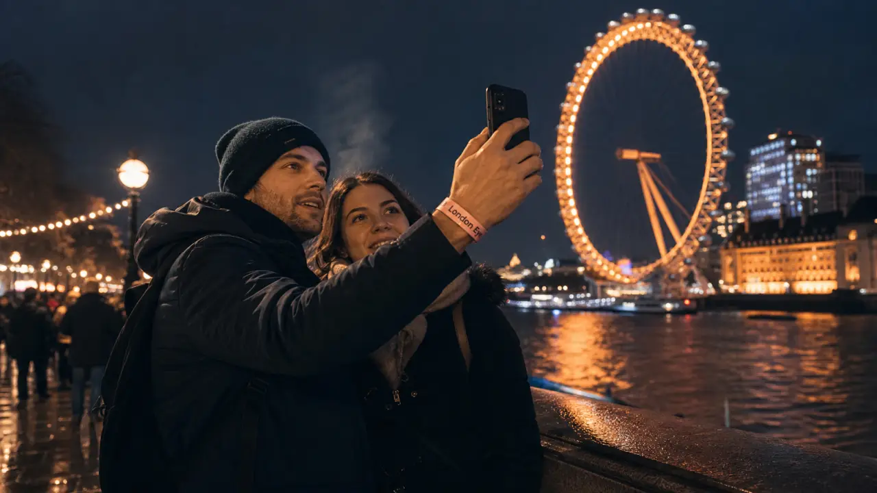 Nouvel an Londres : London Eye sur la Tamise, couple au bord du fleuve