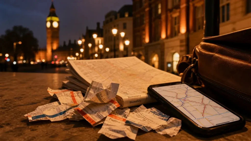 Où loger à Londres pour visiter : tickets de métro froissés et carte Bloomsbury à golden hour