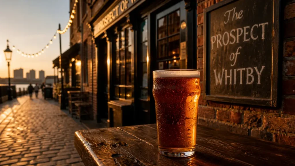 Photo pubs londres : The Prospect of Whitby à Londres, pinte au comptoir, golden hour