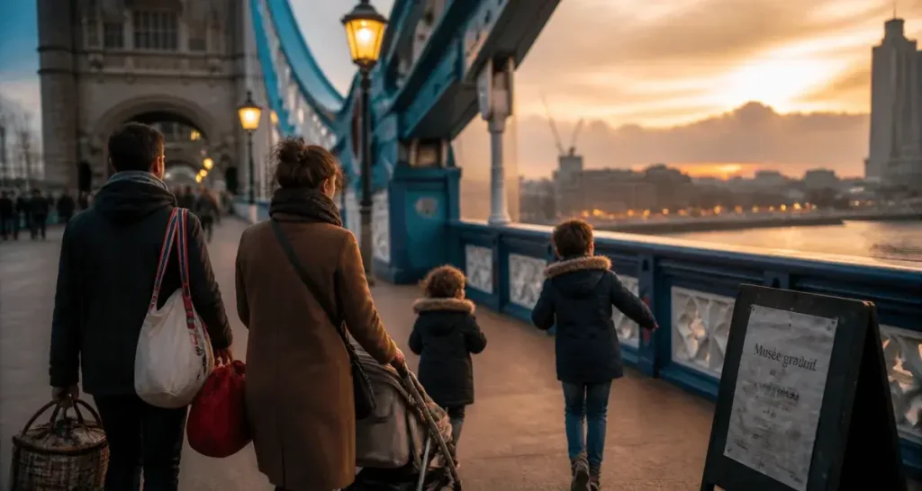 Que faire a Londres avec des enfants : famille près de la Tamise traversant Tower Bridge