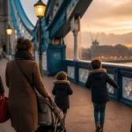 Que faire a Londres avec des enfants : famille près de la Tamise traversant Tower Bridge