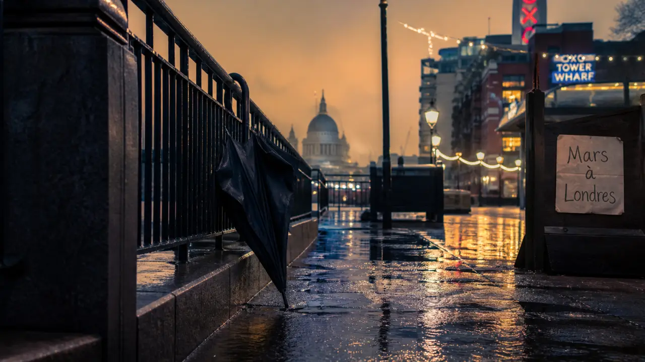 Que faire a londres en mars 2026 : pont au bord de la Tamise, South Bank, parapluie et météo de mars