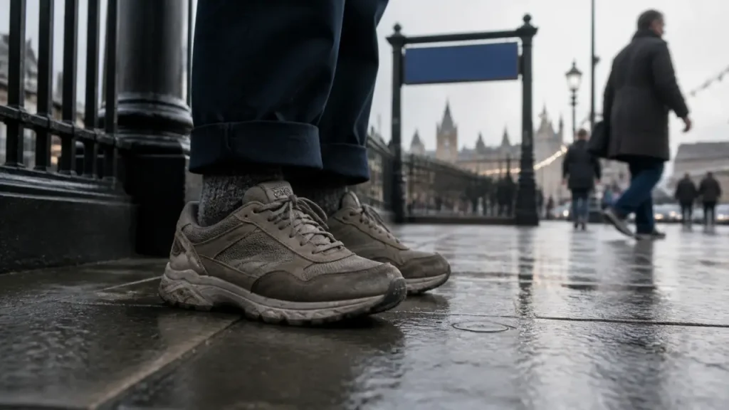 Quelles chaussures pour visiter Londres : baskets de marche sur pavés humides près du métro