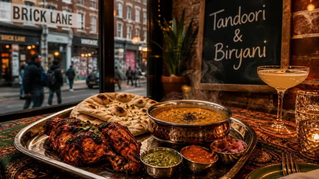 Restaurants indiens Londres : tandoori fumé, naan et dal près d’une fenêtre à Brick Lane