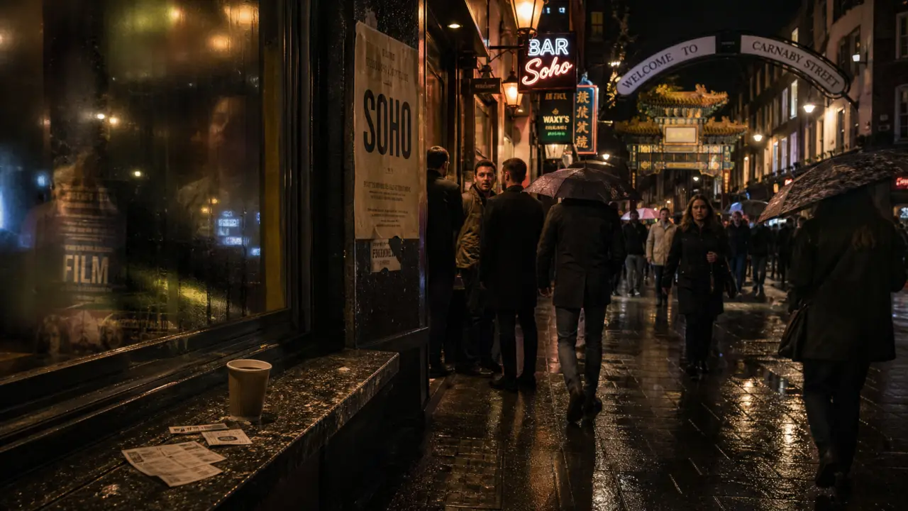 soho londres : rue, néons et foule sortant d’un pub