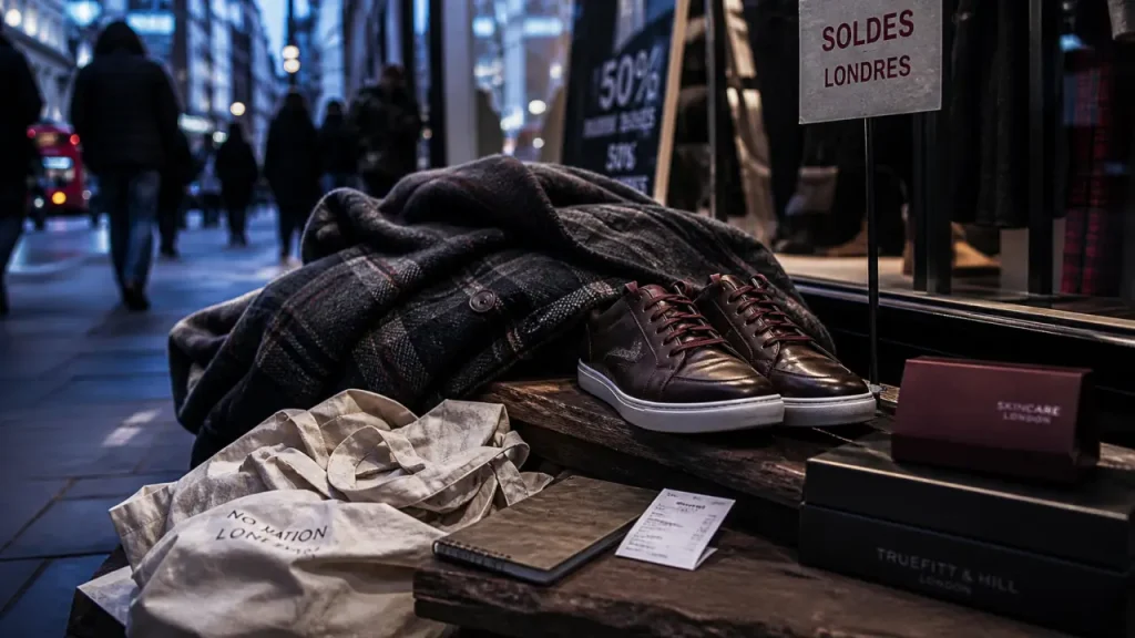 Soldes à londres sur Oxford Street : cabas, manteau et vitrines