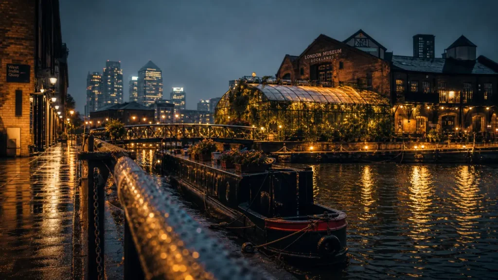 Visiter les docks de Londres depuis West India Quay, péniche et reflets à Canary Wharf