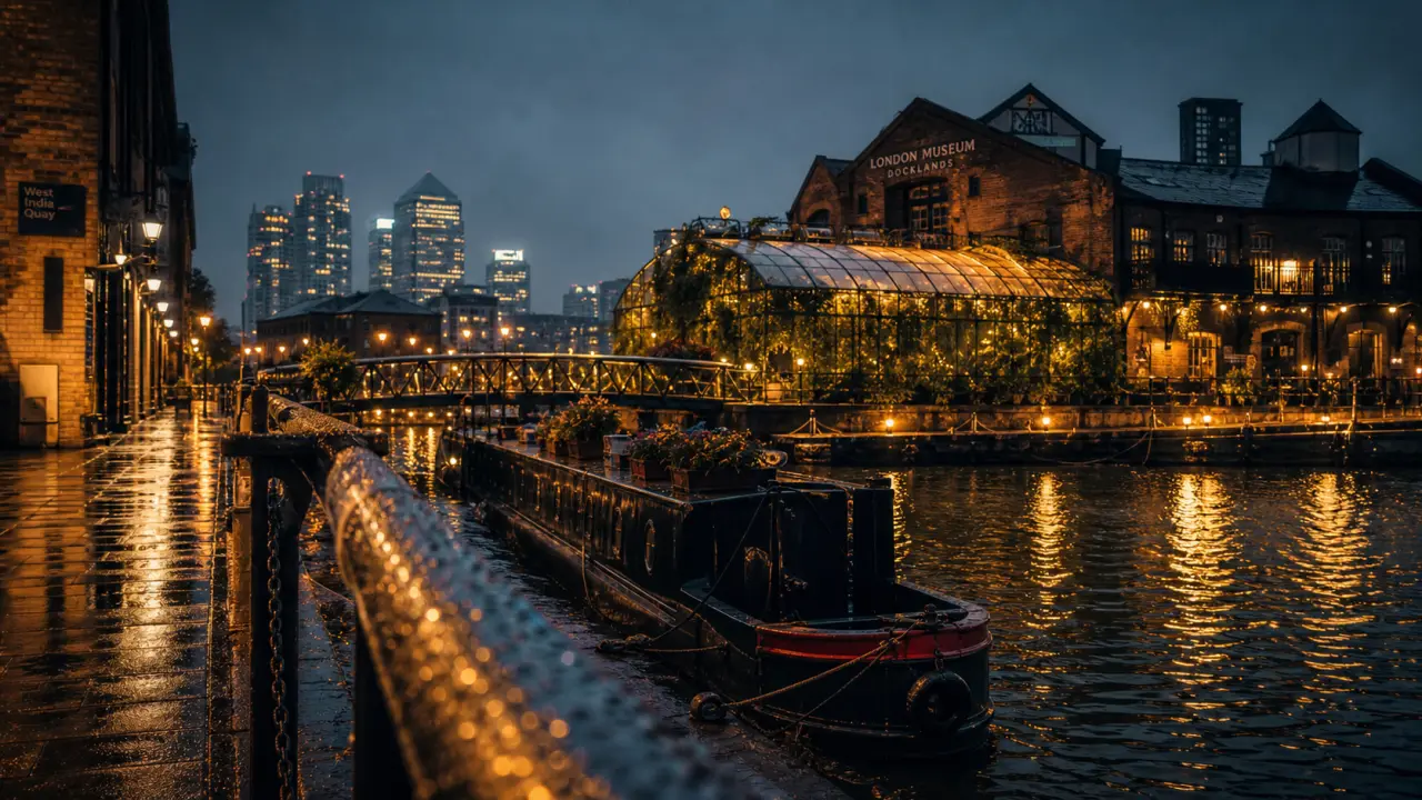 Visiter les docks de Londres depuis West India Quay, péniche et reflets à Canary Wharf