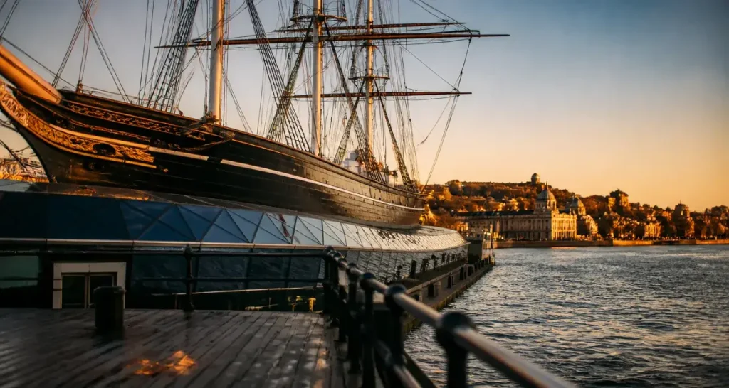Visiter Greenwich Londres : Cutty Sark sur la Tamise au golden hour