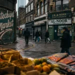 whitechapel londres : marché humide et ruelle victorienne, street art documentaire