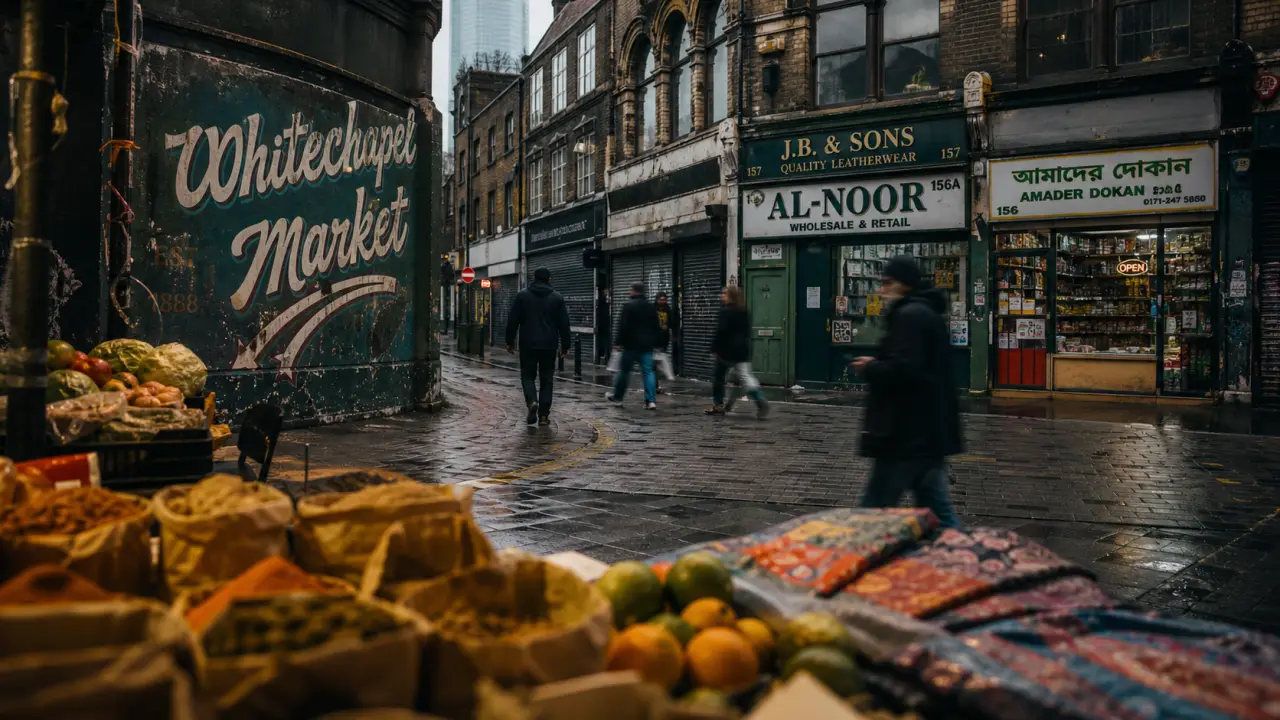 whitechapel londres : marché humide et ruelle victorienne, street art documentaire