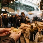 burrough market Londres : mains tenant un échantillon de fromage, étals