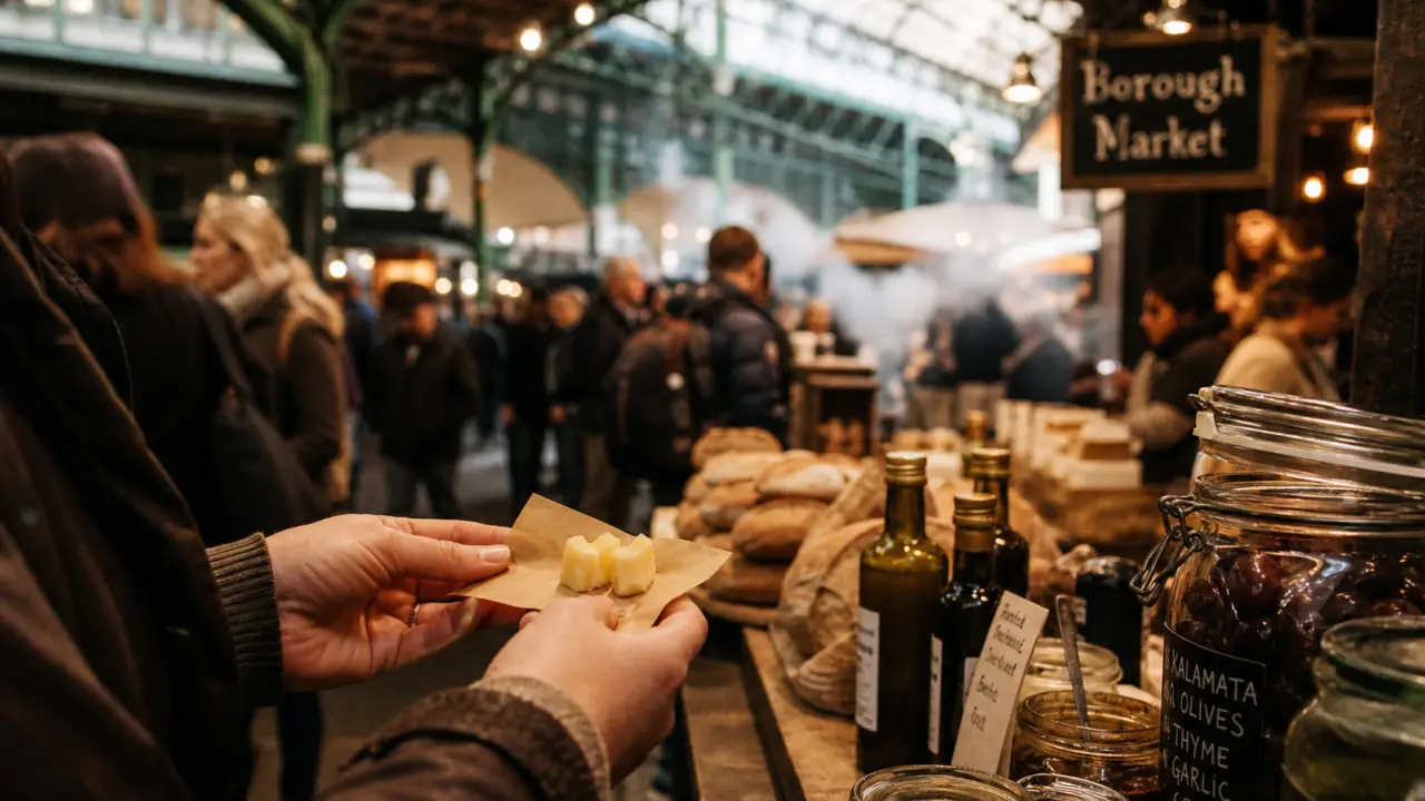 burrough market Londres : mains tenant un échantillon de fromage, étals