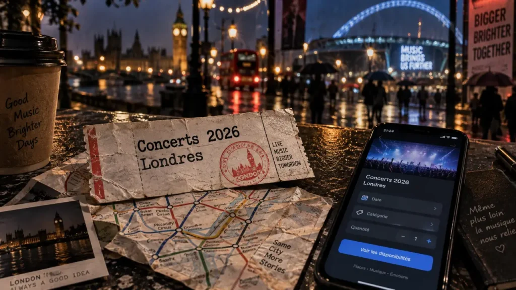 concerts londres 2026 : ticket, carte métro et Londres nocturne