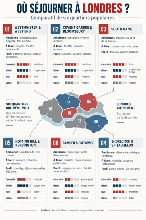 Infographie comparative des quartiers populaires londres selon l'ambiance, le budget et les activités