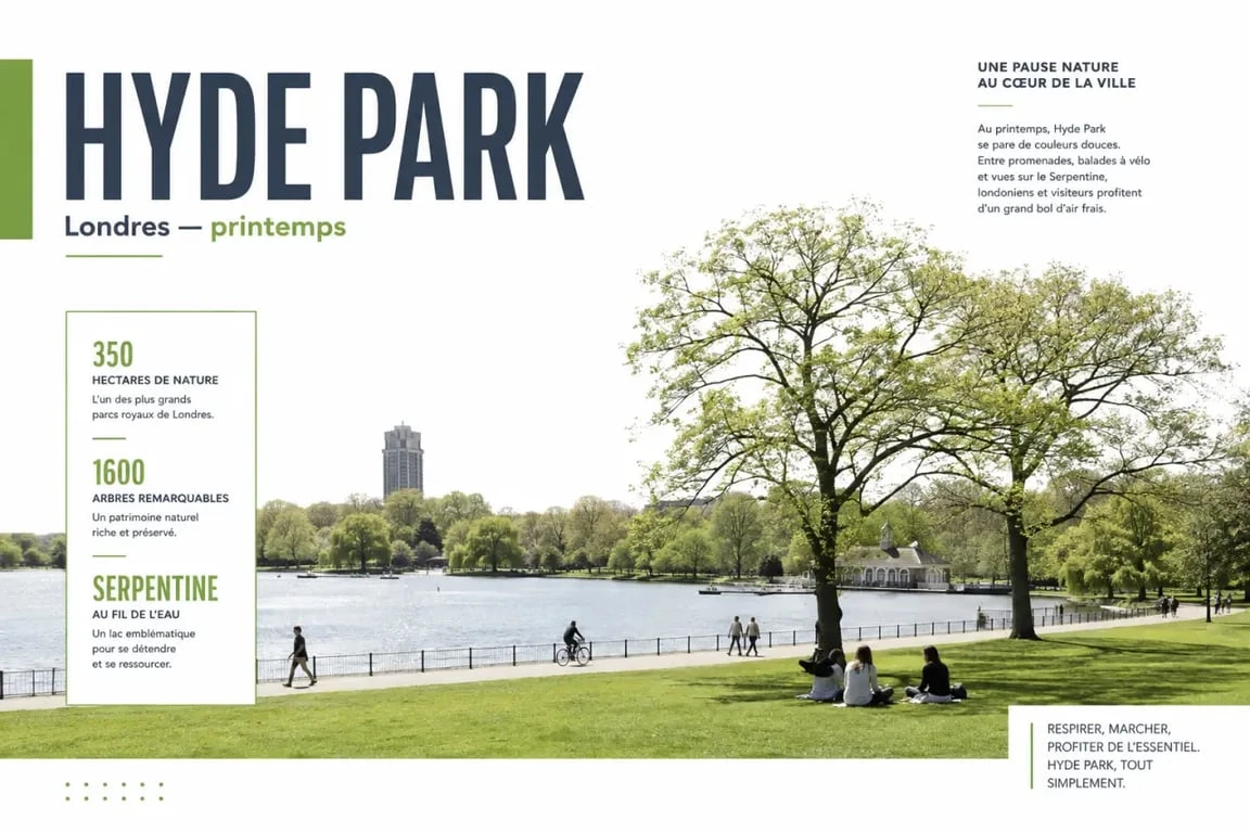 Parcs londres : panorama de Hyde Park à Londres avec pelouses, lac et promeneurs