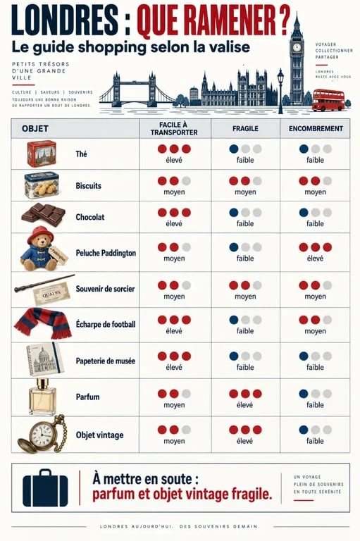 Infographie que ramener de Londres shopping : idées de souvenirs selon le budget, la valise et la fragilité