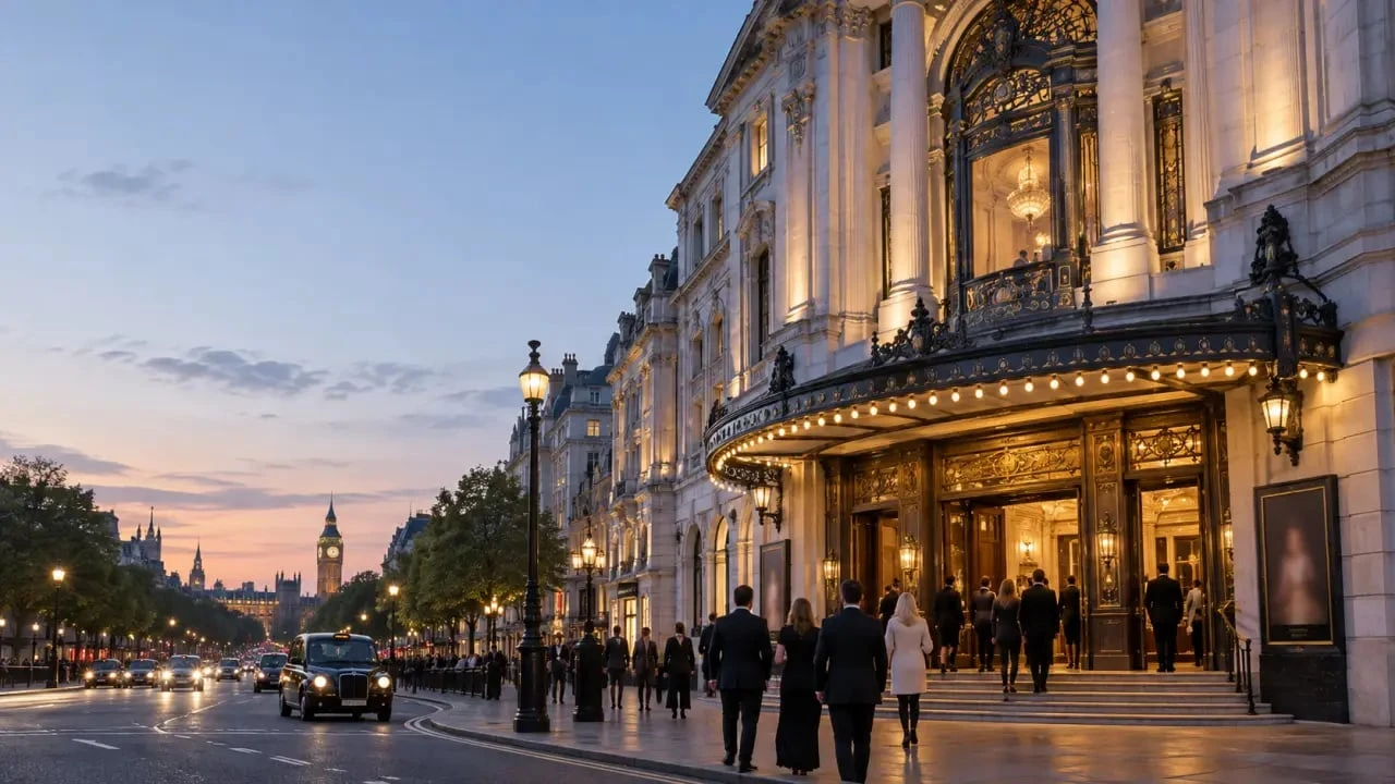 Théâtre Londres : façade d’un théâtre historique du West End à la tombée du jour