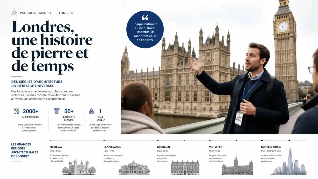 Un guide local professionnel expliquant l'histoire d'un monument lors d'une visite guidée à Londres