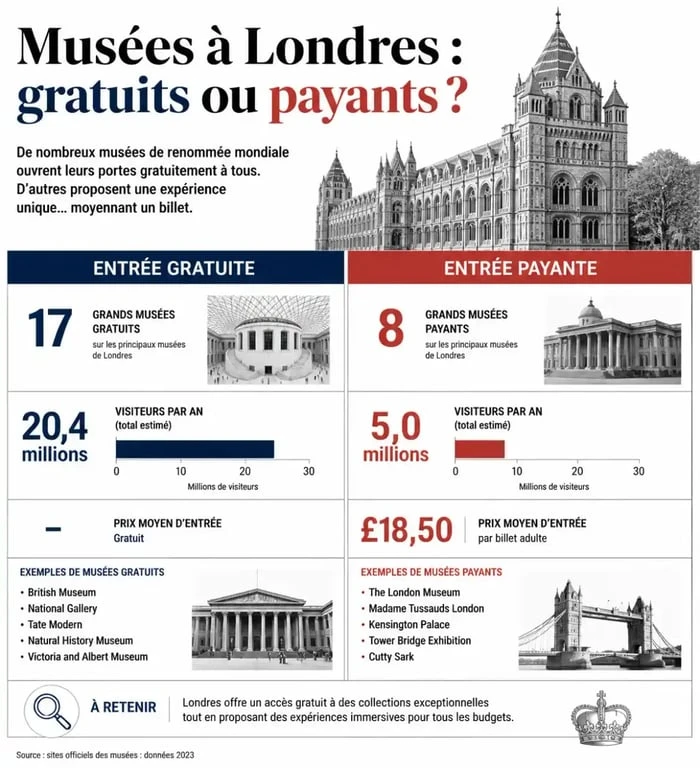 Graphique comparatif des prix des musées à Londres entre accès gratuit et payant