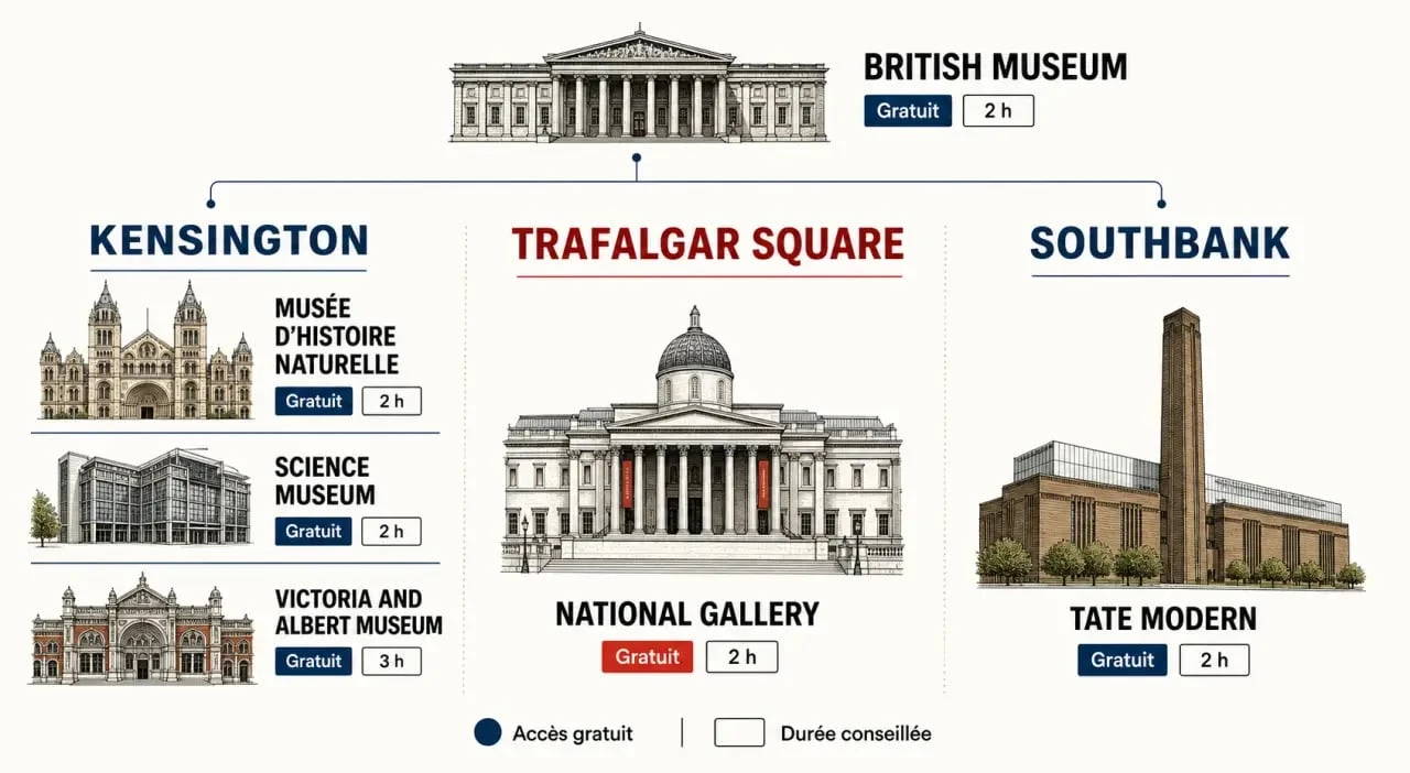 Guide musée londres : carte éditoriale des musées incontournables de Londres par quartier, thème et durée de visite
