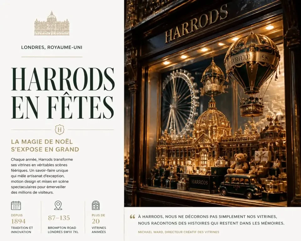 Vitrine de Noël chez Harrods, incontournable du shopping de Noël à Londres