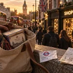 Faire du shopping a londres : rue commerçante vintage, bus rouge et vitrines au golden hour