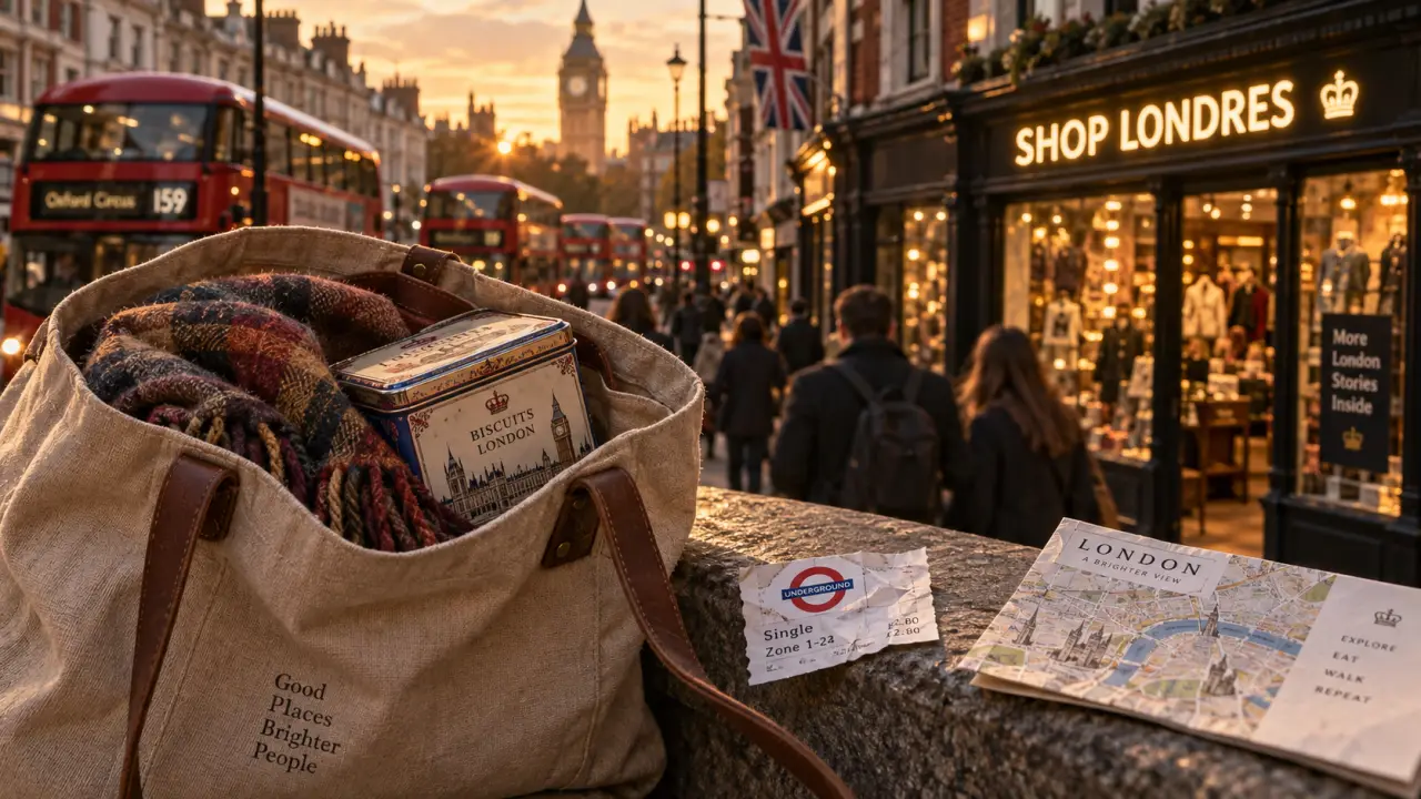Faire du shopping a londres : rue commerçante vintage, bus rouge et vitrines au golden hour