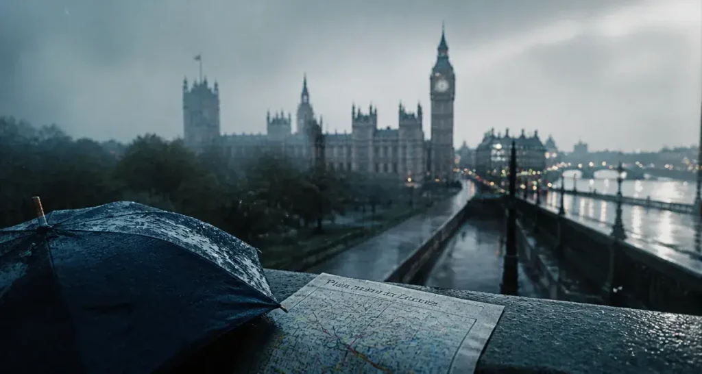Les sites à visiter à Londres sous la pluie : Westminster, Big Ben, parapluie et carte métro