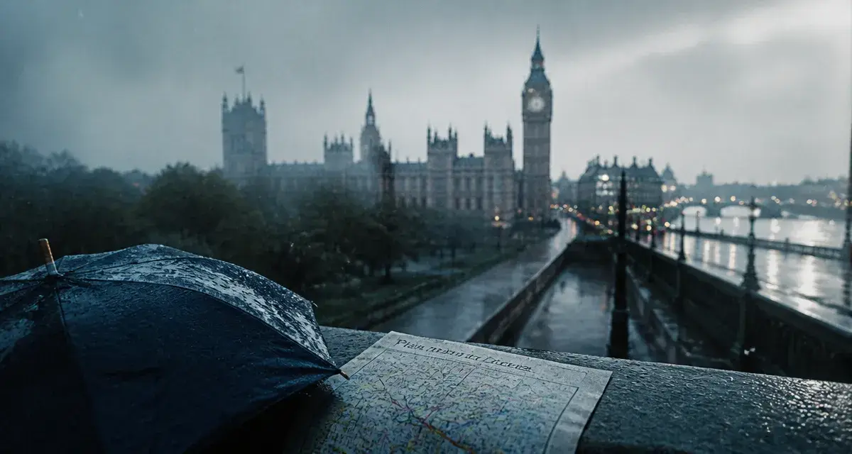 Les sites à visiter à Londres sous la pluie : Westminster, Big Ben, parapluie et carte métro