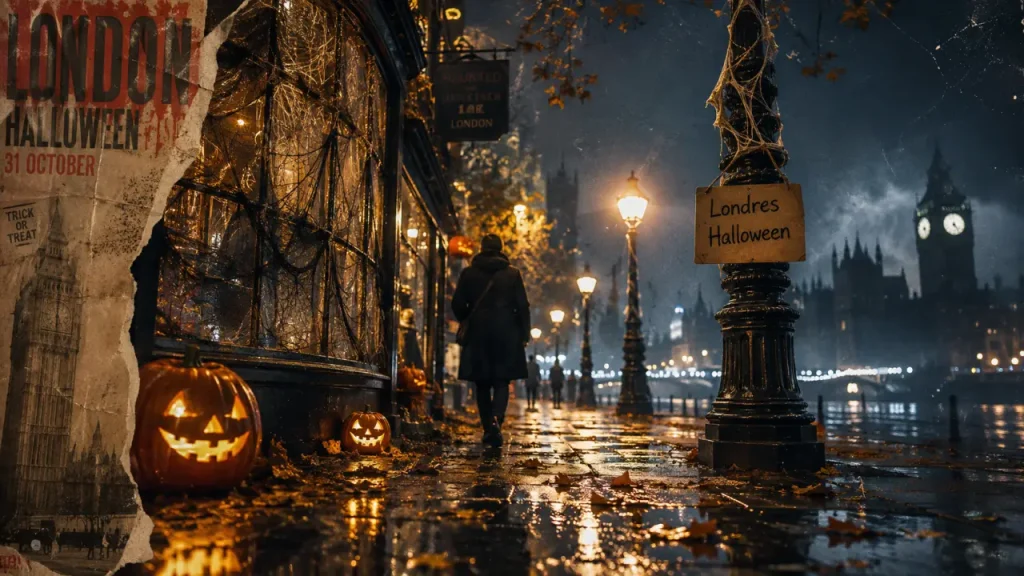 Londres Halloween : trottoir humide, citrouilles, touriste et brume
