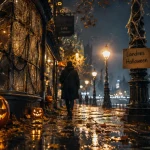 Londres Halloween : trottoir humide, citrouilles, touriste et brume
